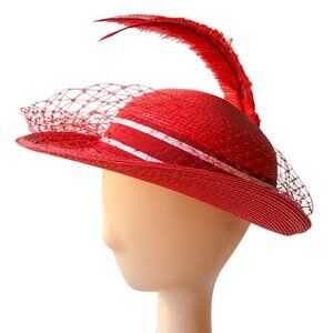 Vintage 50s Red Straw Hat by Sylvia Veil Feather Trim Kentucky Derby Fascinator